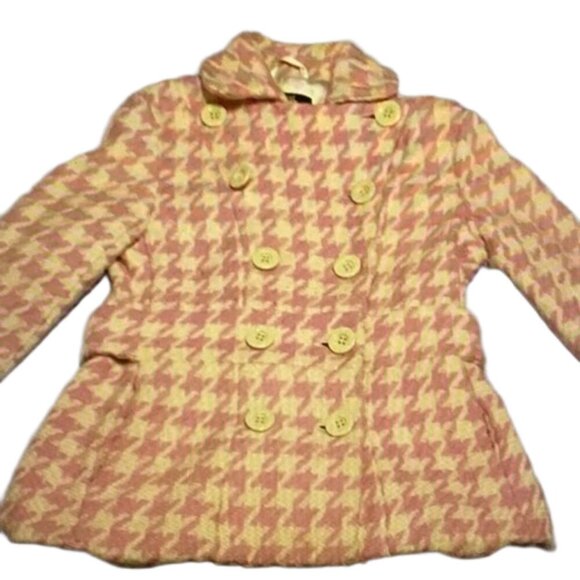 COFFEESHOP Pink Houndstooth Wool Pea Coat Retro Glam Twee Medium M - Picture 6 of 16
